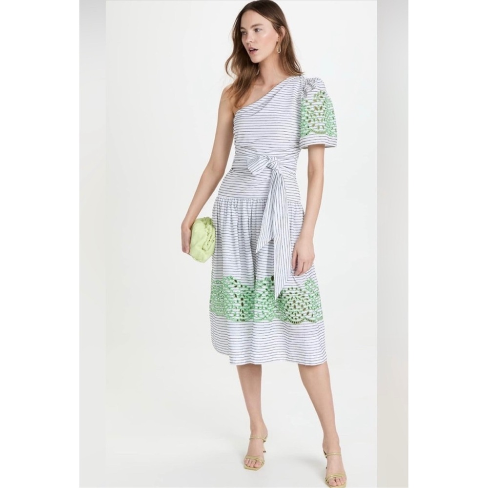 Tanya Taylor NWOT Magdalena One Shoulder Striped Midi Dress Green White Size 10